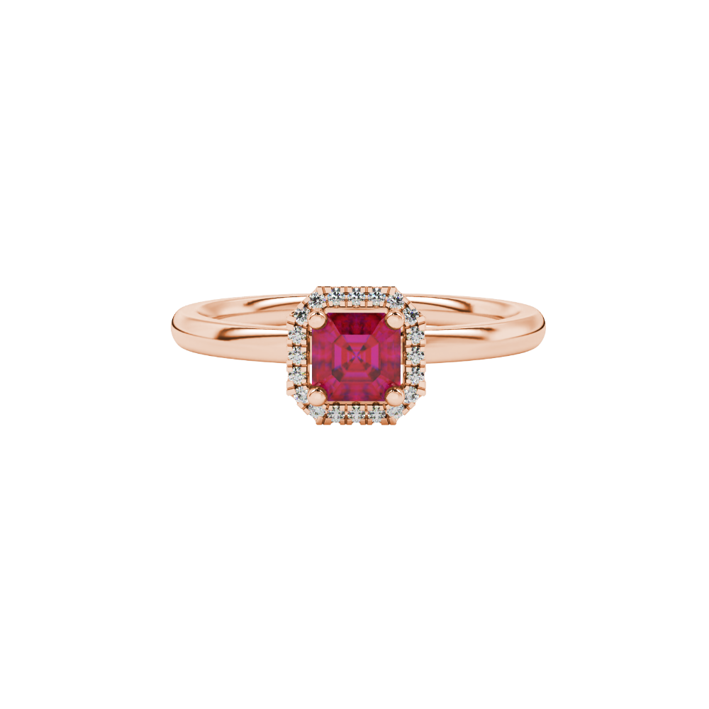 Asscher cut halo gemstone ring in gold featuring a 5.00 MM center gemstone surrounded by round diamond accents