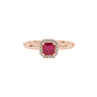 Asscher cut halo gemstone ring in gold featuring a 5.00 MM center gemstone surrounded by round diamond accents