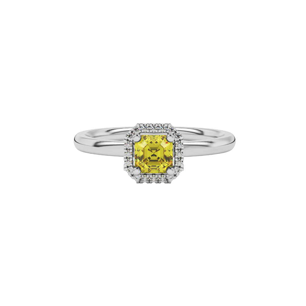 Asscher cut halo gemstone ring in gold featuring a 5.00 MM center gemstone surrounded by round diamond accents