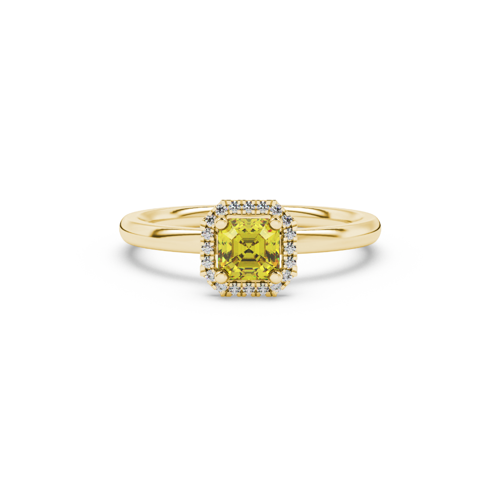 Asscher cut halo gemstone ring in gold featuring a 5.00 MM center gemstone surrounded by round diamond accents