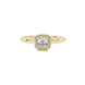 Asscher cut halo gemstone ring in gold featuring a 5.00 MM center gemstone surrounded by round diamond accents