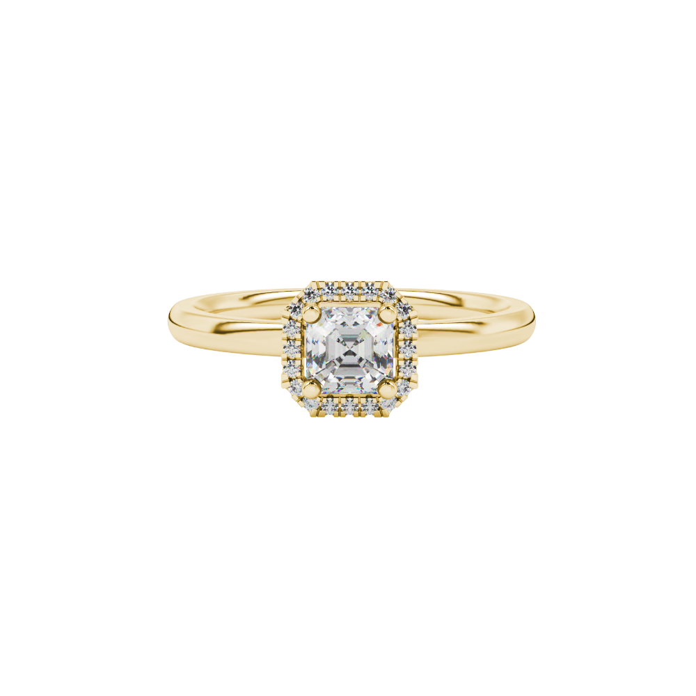 Asscher cut halo gemstone ring in gold featuring a 5.00 MM center gemstone surrounded by round diamond accents