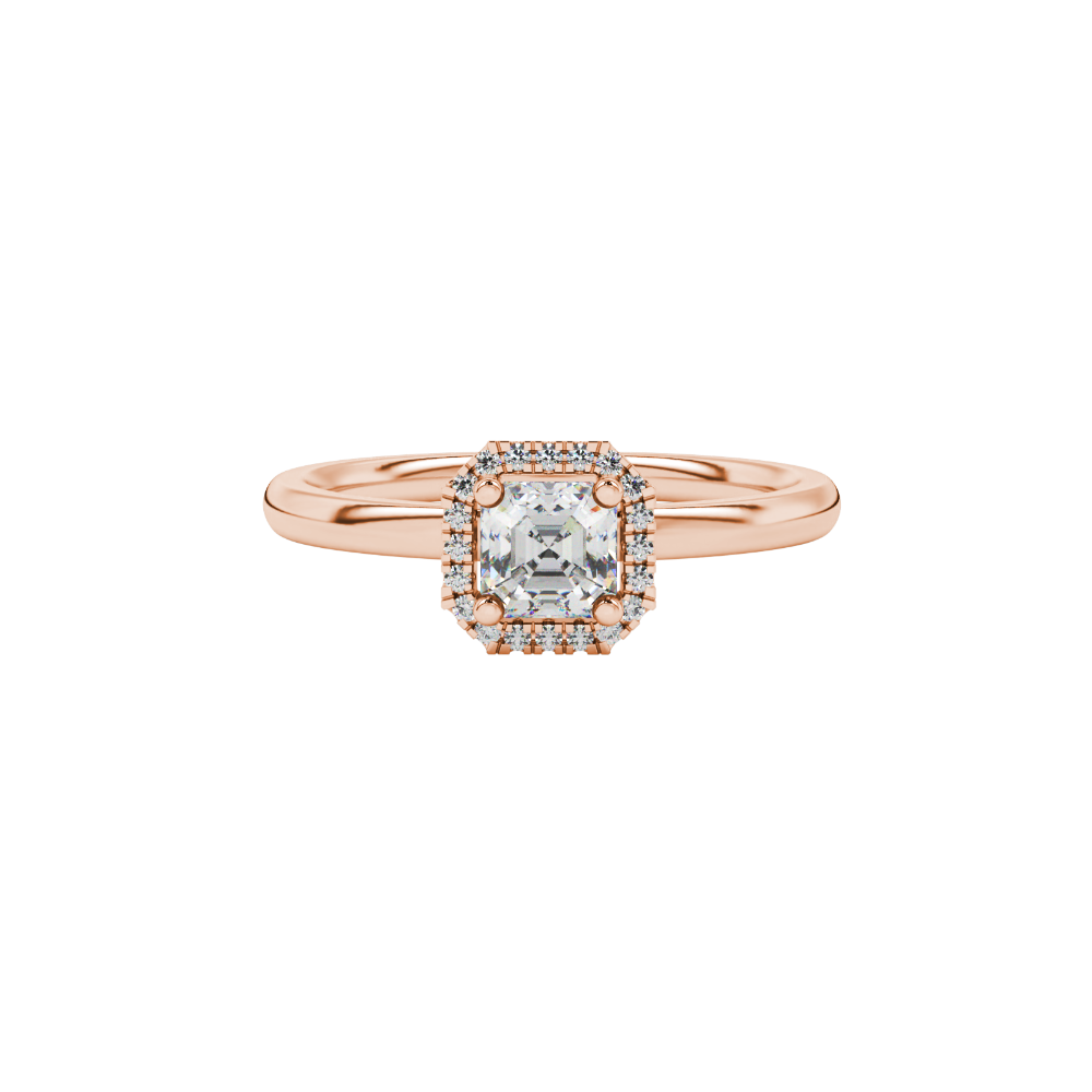 Asscher cut halo gemstone ring in gold featuring a 5.00 MM center gemstone surrounded by round diamond accents