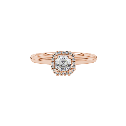 Asscher cut halo gemstone ring in gold featuring a 5.00 MM center gemstone surrounded by round diamond accents