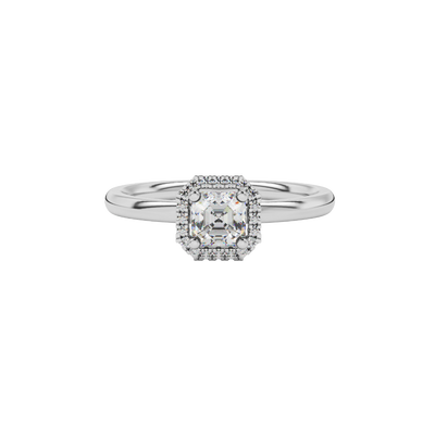 Asscher cut halo gemstone ring in gold featuring a 5.00 MM center gemstone surrounded by round diamond accents