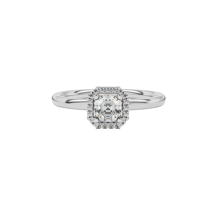 Asscher cut halo gemstone ring in gold featuring a 5.00 MM center gemstone surrounded by round diamond accents