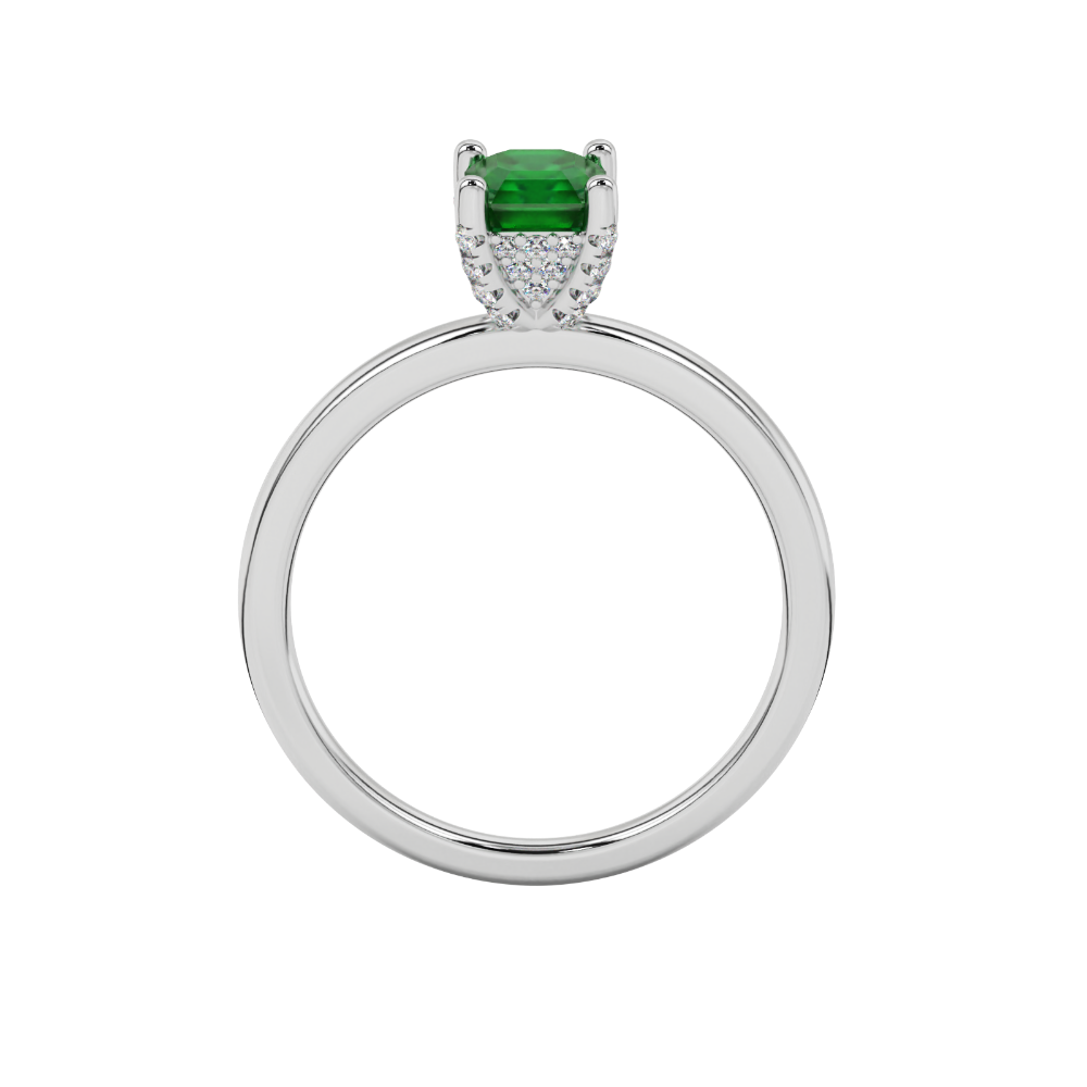 Emerald cut hidden halo solitaire ring in gold featuring a 5.00 MM center gemstone secured in a four-prong setting