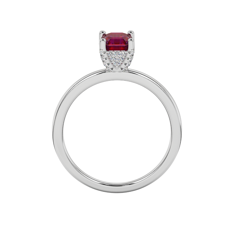 Emerald cut hidden halo solitaire ring in gold featuring a 5.00 MM center gemstone secured in a four-prong setting