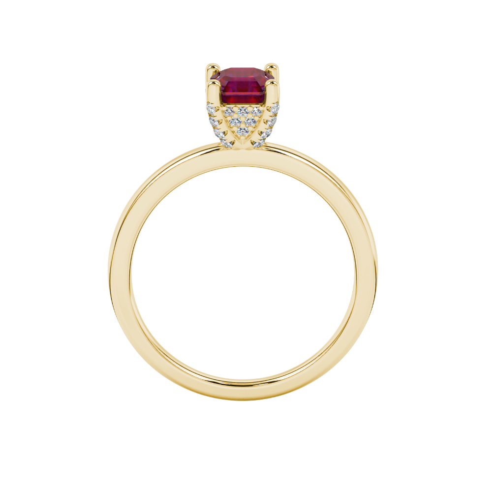 Emerald cut hidden halo solitaire ring in gold featuring a 5.00 MM center gemstone secured in a four-prong setting
