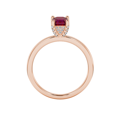 Emerald cut hidden halo solitaire ring in gold featuring a 5.00 MM center gemstone secured in a four-prong setting
