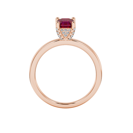Emerald cut hidden halo solitaire ring in gold featuring a 5.00 MM center gemstone secured in a four-prong setting