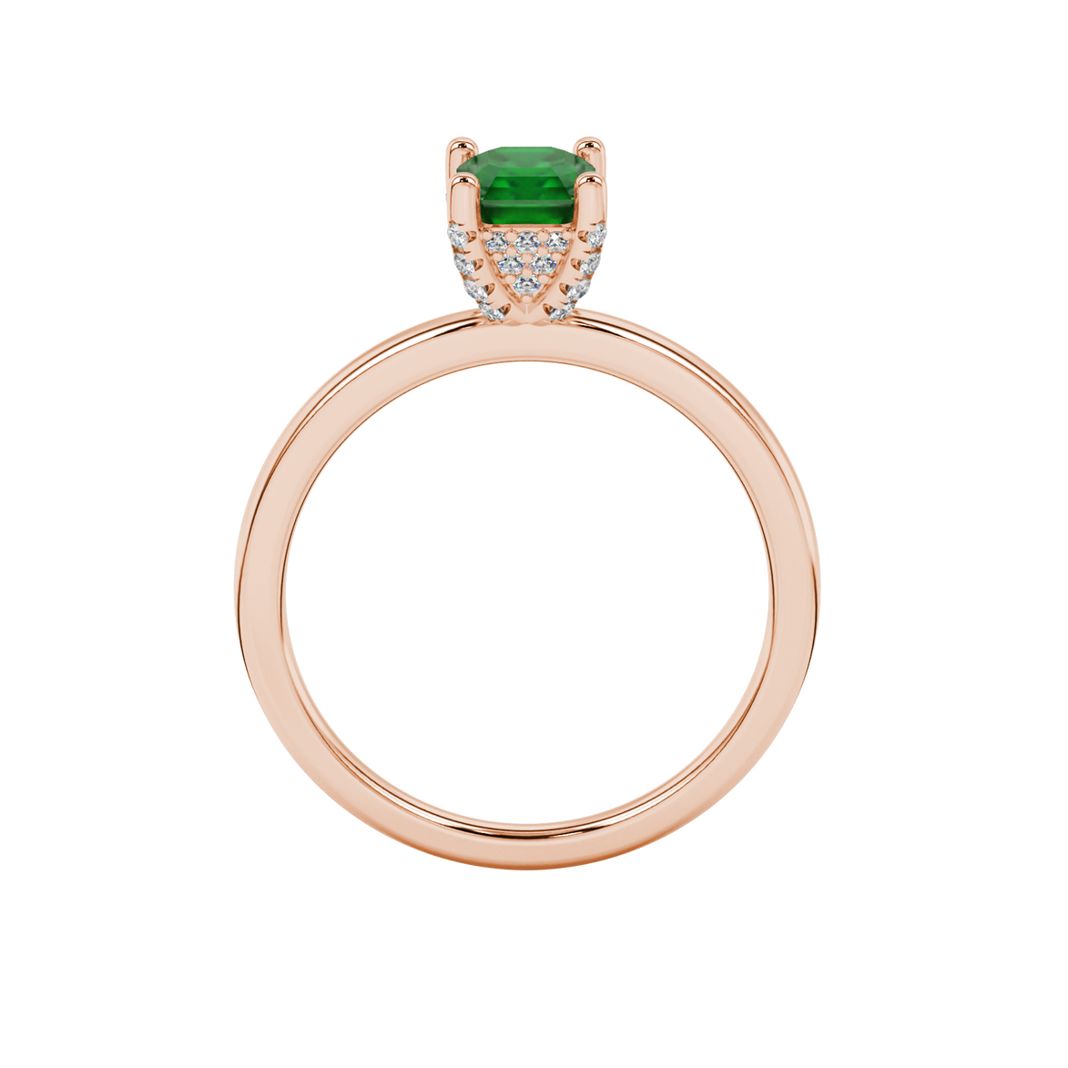 Emerald cut hidden halo solitaire ring in gold featuring a 5.00 MM center gemstone secured in a four-prong setting