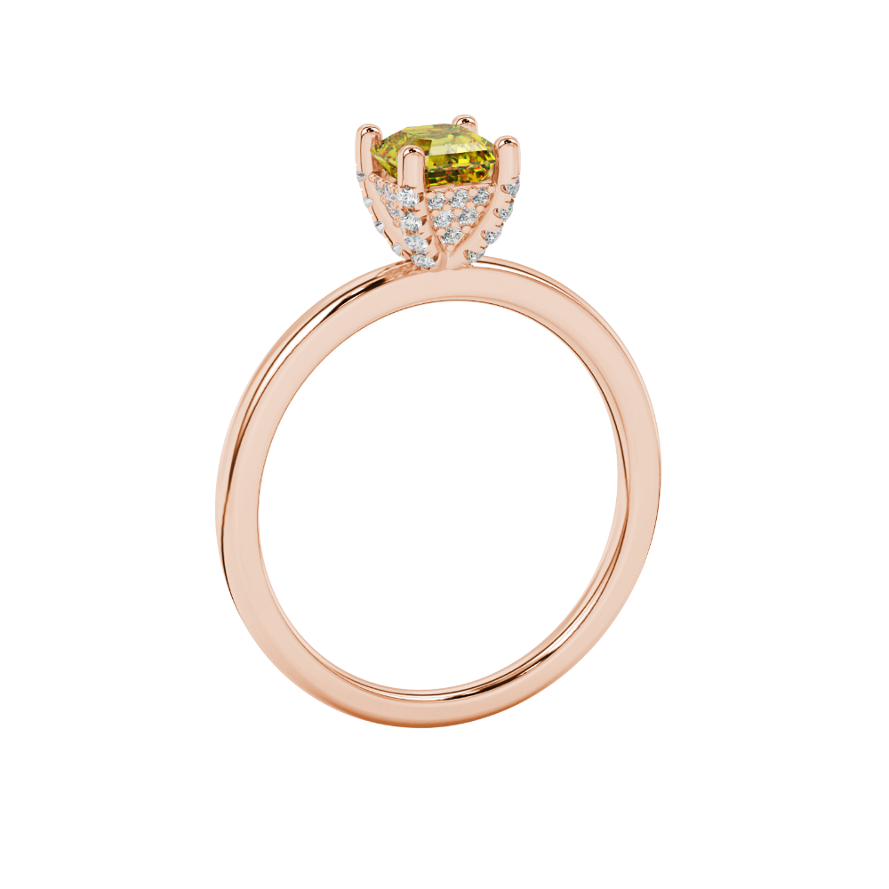 Emerald cut hidden halo solitaire ring in gold featuring a 5.00 MM center gemstone secured in a four-prong setting