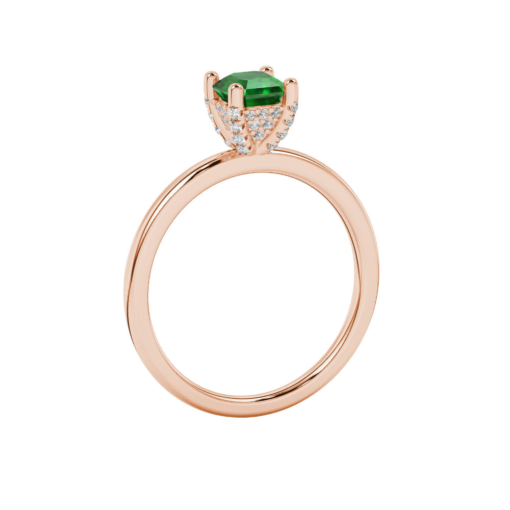 Emerald cut hidden halo solitaire ring in gold featuring a 5.00 MM center gemstone secured in a four-prong setting