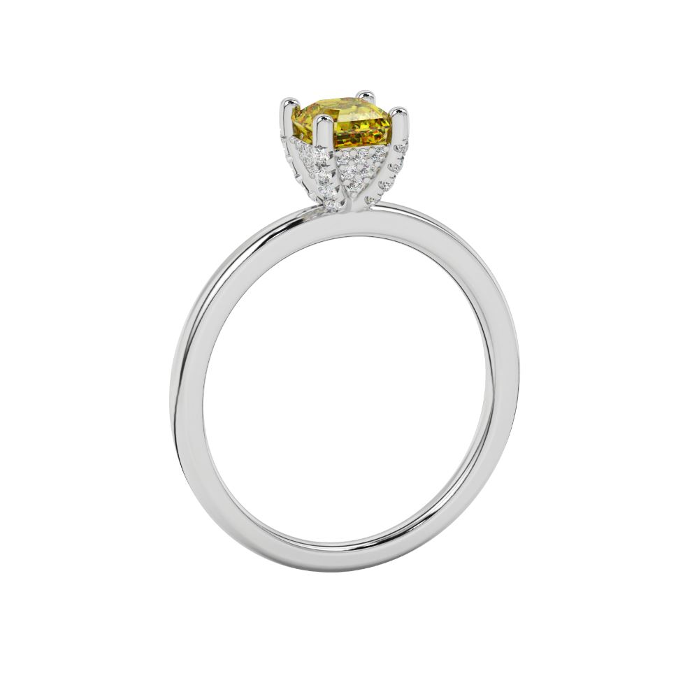 Emerald cut hidden halo solitaire ring in gold featuring a 5.00 MM center gemstone secured in a four-prong setting