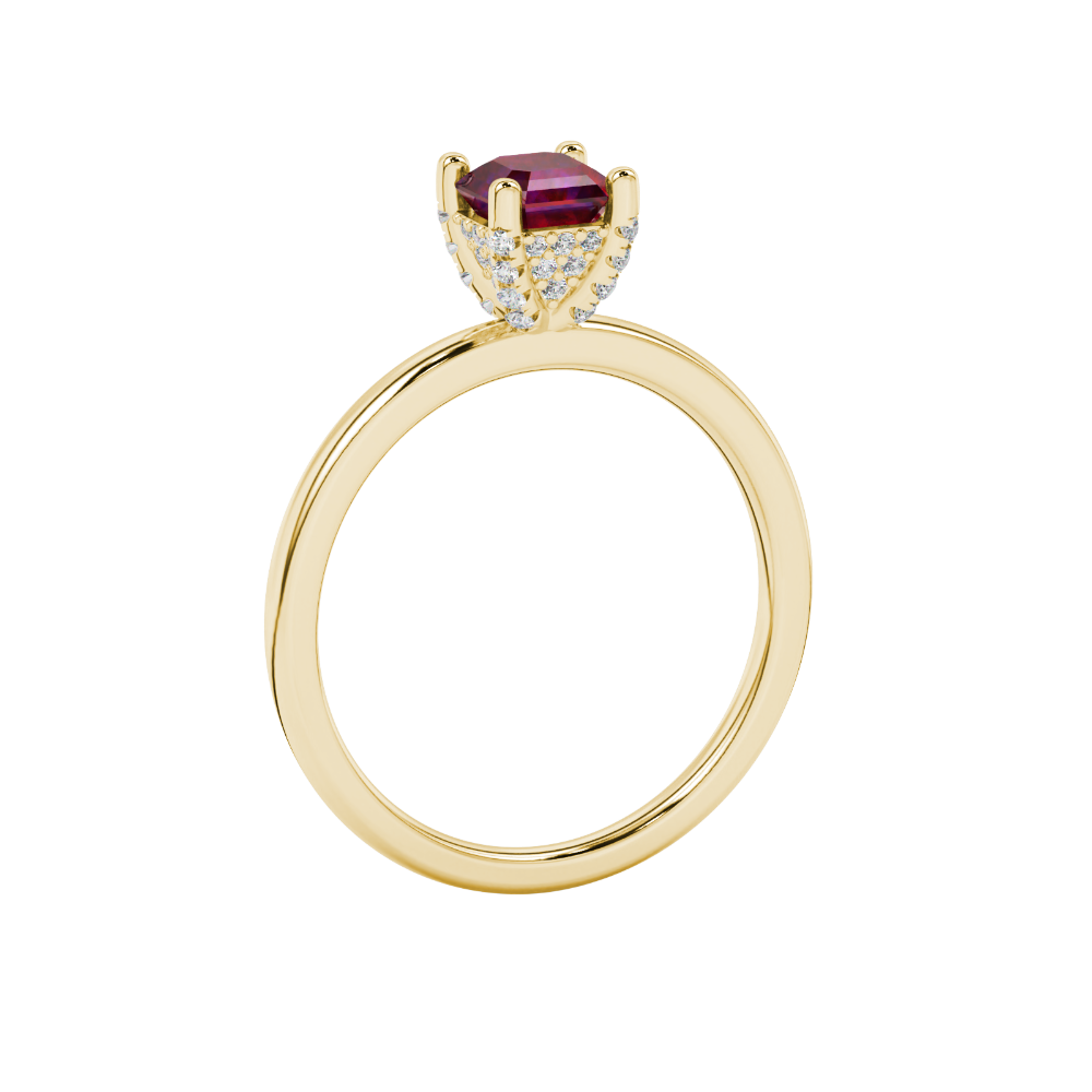 Emerald cut hidden halo solitaire ring in gold featuring a 5.00 MM center gemstone secured in a four-prong setting