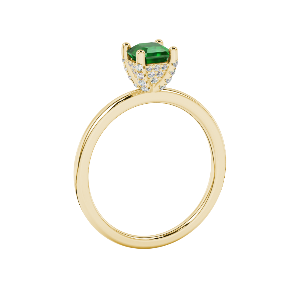 Emerald cut hidden halo solitaire ring in gold featuring a 5.00 MM center gemstone secured in a four-prong setting