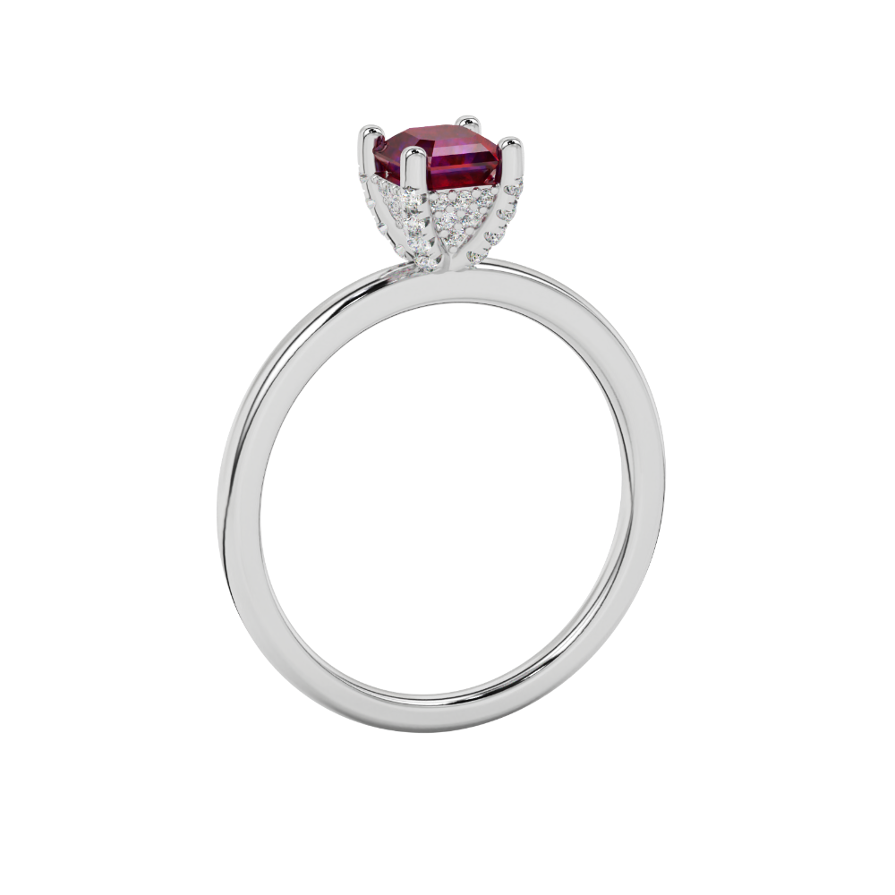 Emerald cut hidden halo solitaire ring in gold featuring a 5.00 MM center gemstone secured in a four-prong setting