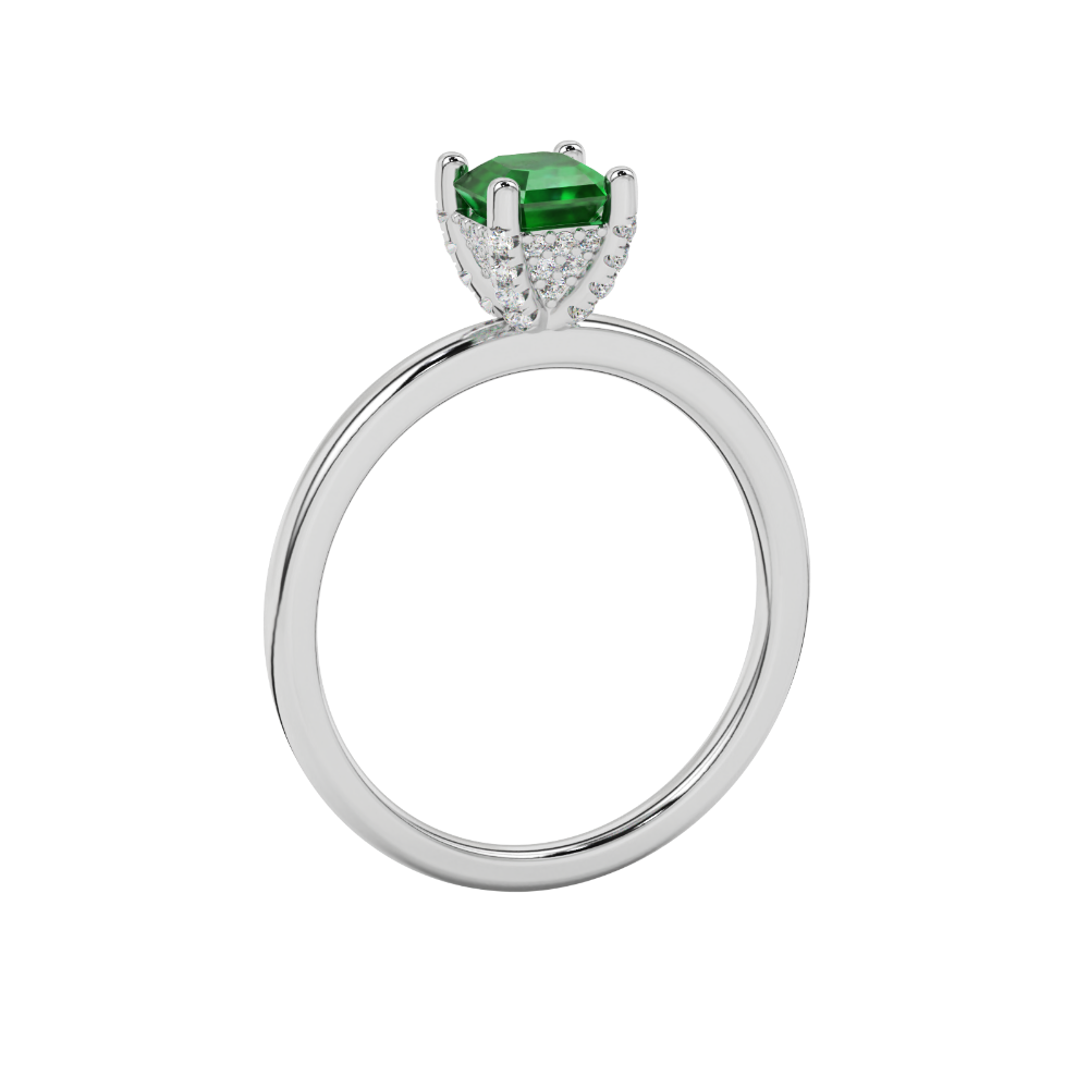 Emerald cut hidden halo solitaire ring in gold featuring a 5.00 MM center gemstone secured in a four-prong setting