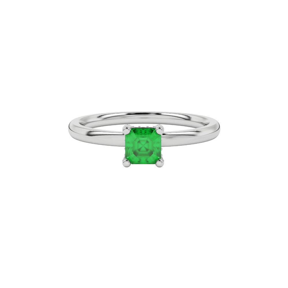Emerald cut hidden halo solitaire ring in gold featuring a 5.00 MM center gemstone secured in a four-prong setting