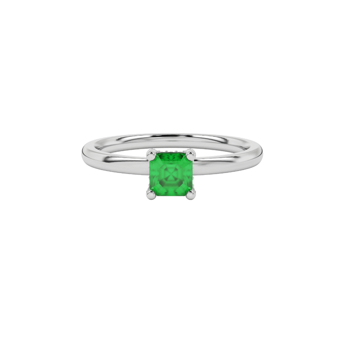 Emerald cut hidden halo solitaire ring in gold featuring a 5.00 MM center gemstone secured in a four-prong setting