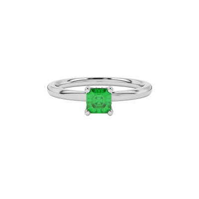Emerald cut hidden halo solitaire ring in gold featuring a 5.00 MM center gemstone secured in a four-prong setting