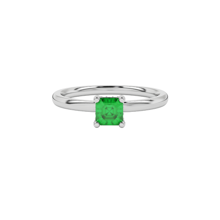 Emerald cut hidden halo solitaire ring in gold featuring a 5.00 MM center gemstone secured in a four-prong setting