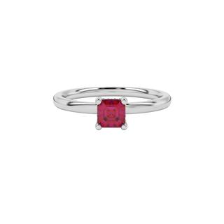 raspberry red asscher gemstone ring with hidden pavé basket in white gold