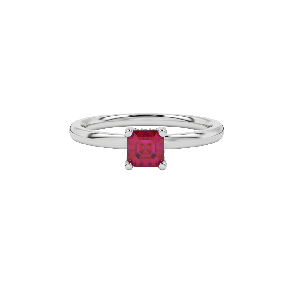 Emerald cut hidden halo solitaire ring in gold featuring a 5.00 MM center gemstone secured in a four-prong setting