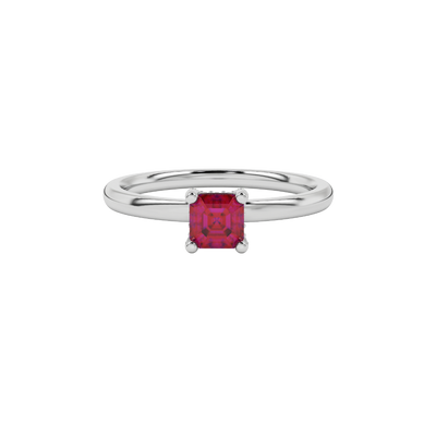 raspberry red asscher gemstone ring with hidden pavé basket in white gold