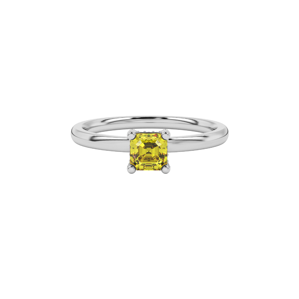 Emerald cut hidden halo solitaire ring in gold featuring a 5.00 MM center gemstone secured in a four-prong setting