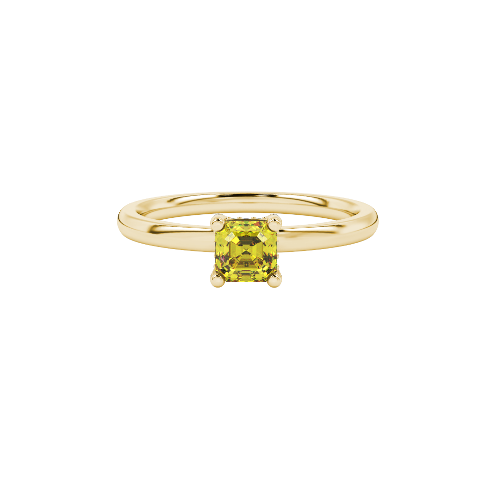 Emerald cut hidden halo solitaire ring in gold featuring a 5.00 MM center gemstone secured in a four-prong setting