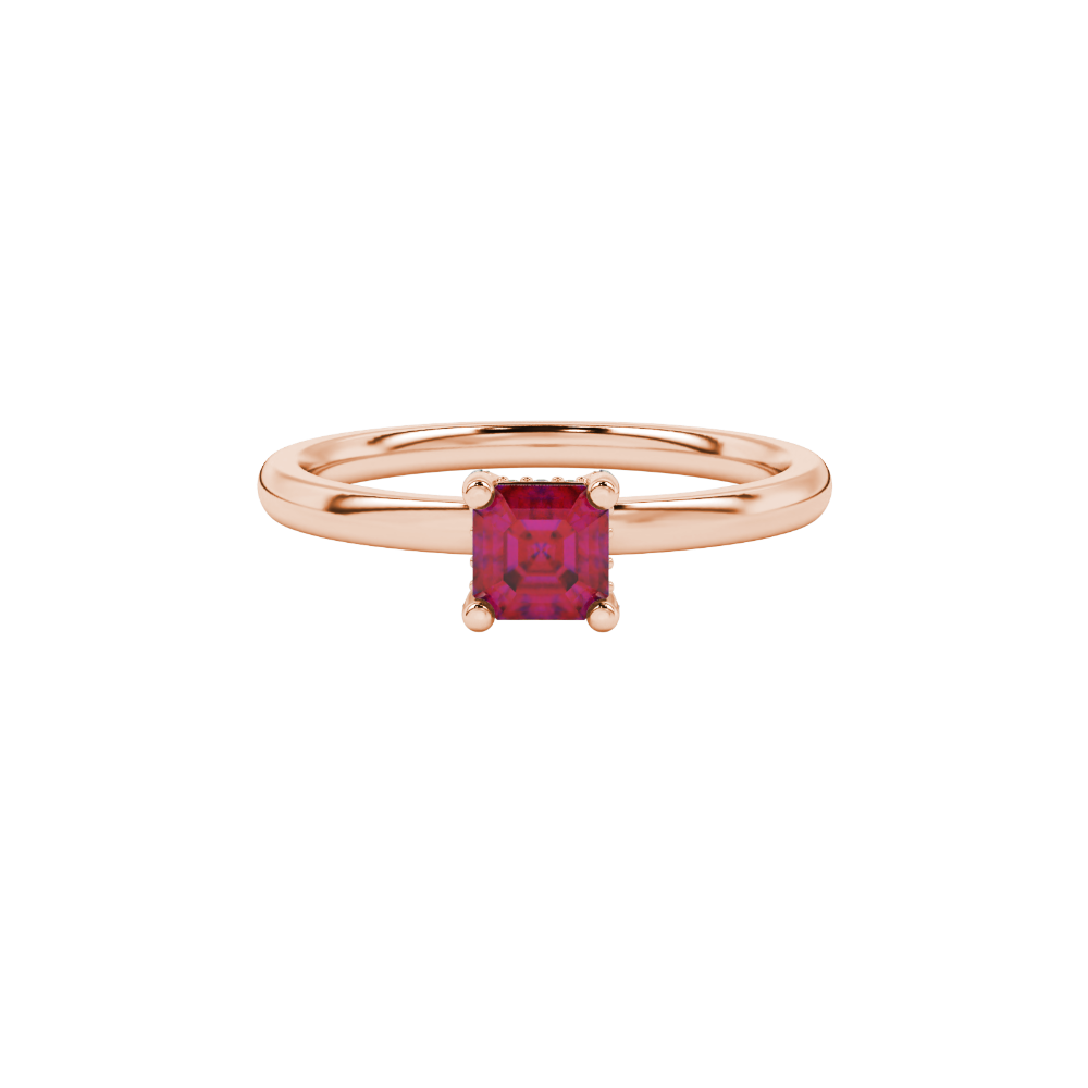 Emerald cut hidden halo solitaire ring in gold featuring a 5.00 MM center gemstone secured in a four-prong setting