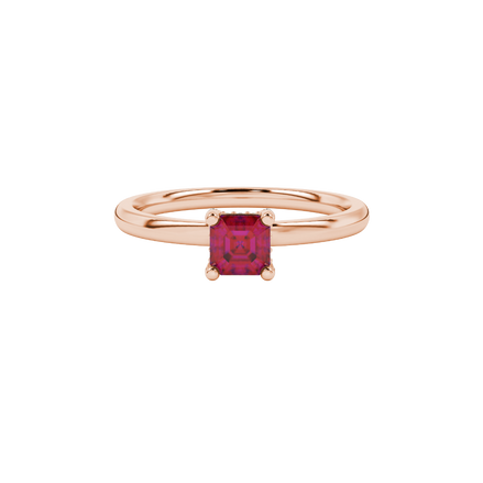 Emerald cut hidden halo solitaire ring in gold featuring a 5.00 MM center gemstone secured in a four-prong setting