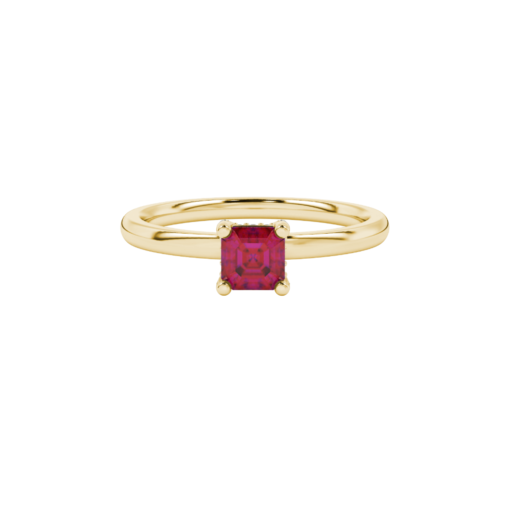 Emerald cut hidden halo solitaire ring in gold featuring a 5.00 MM center gemstone secured in a four-prong setting