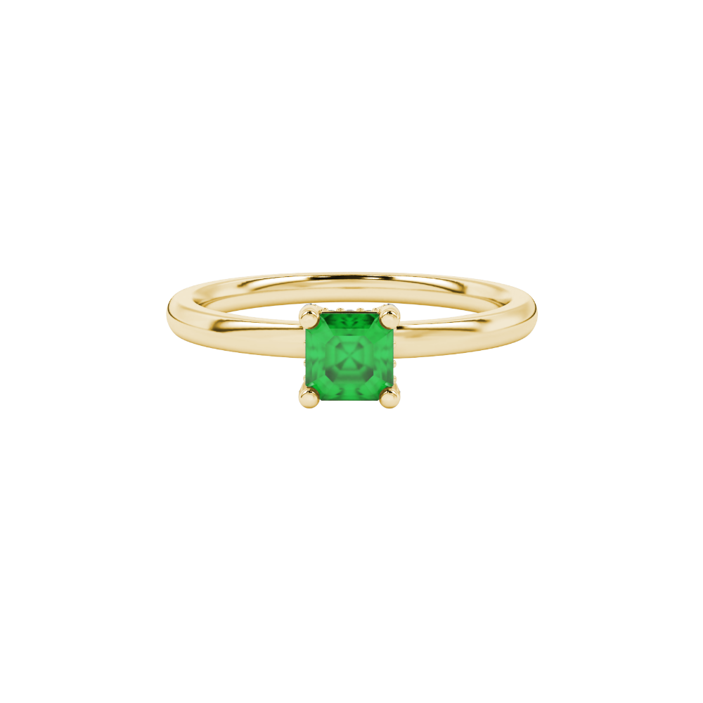 Emerald cut hidden halo solitaire ring in gold featuring a 5.00 MM center gemstone secured in a four-prong setting
