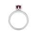 Asscher cut solitaire ring featuring a rich red gemstone secured in a six-prong crown setting crafted in gold