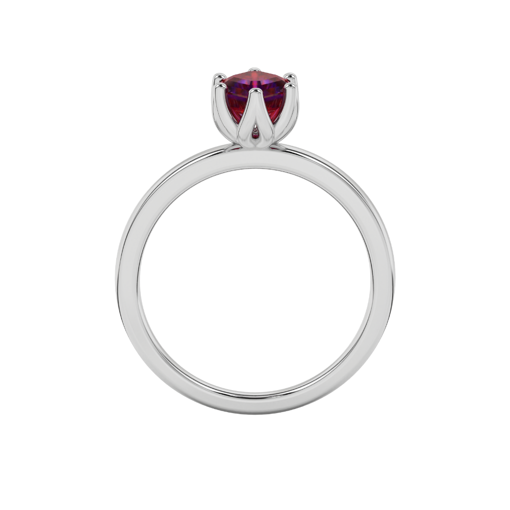 Asscher cut solitaire ring featuring a rich red gemstone secured in a six-prong crown setting crafted in gold