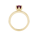 Asscher cut solitaire ring featuring a rich red gemstone secured in a six-prong crown setting crafted in gold