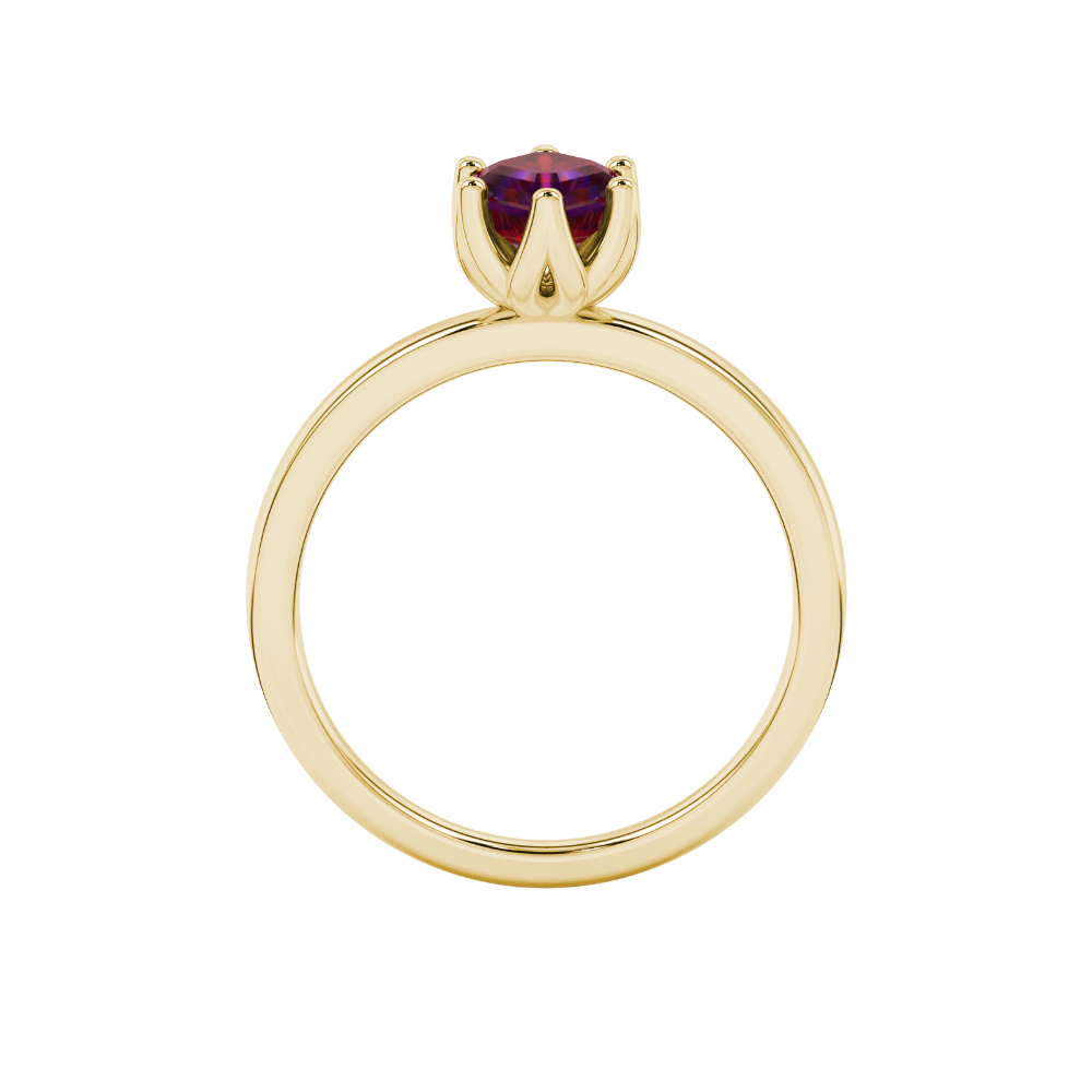 Asscher cut solitaire ring featuring a rich red gemstone secured in a six-prong crown setting crafted in gold