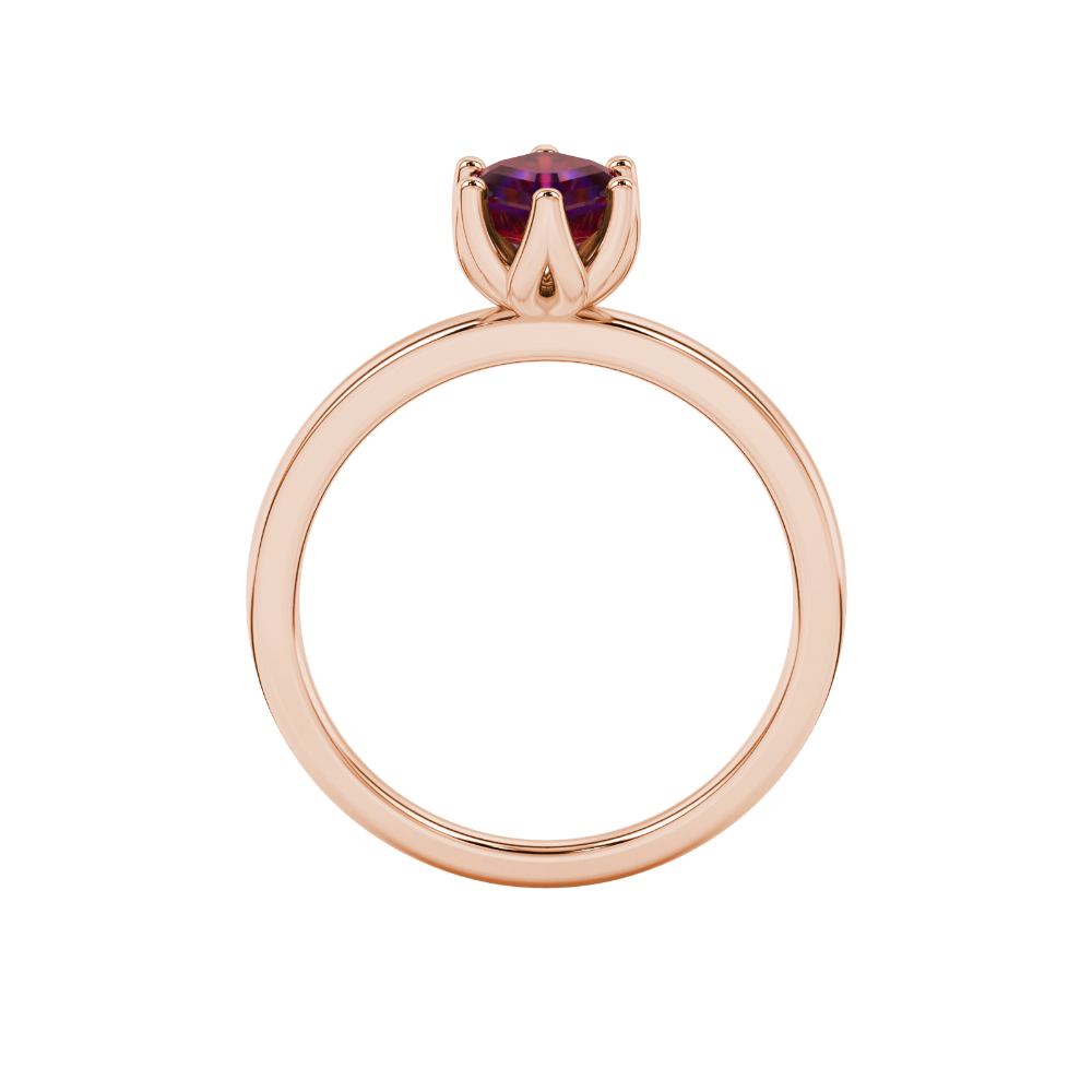 Asscher cut solitaire ring featuring a rich red gemstone secured in a six-prong crown setting crafted in gold
