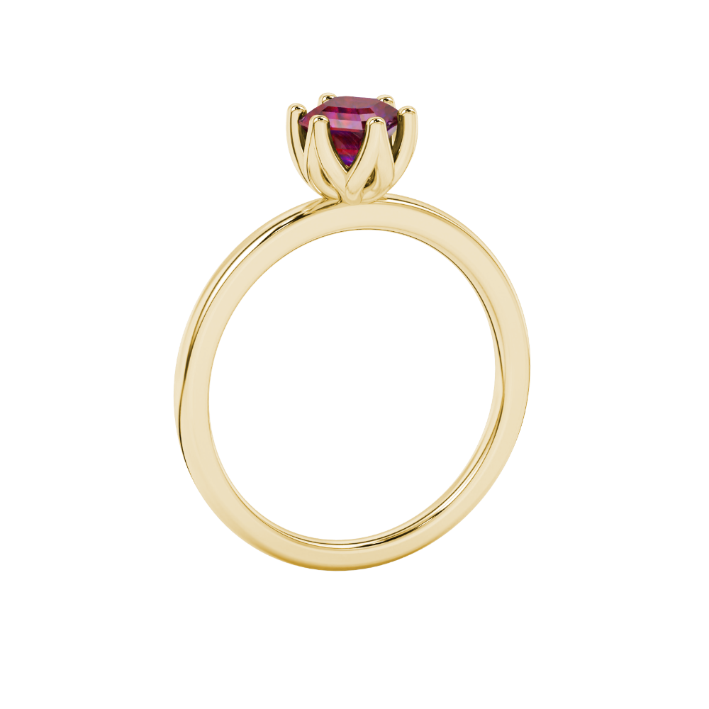 Asscher cut solitaire ring featuring a rich red gemstone secured in a six-prong crown setting crafted in gold