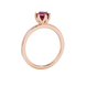 Asscher cut solitaire ring featuring a rich red gemstone secured in a six-prong crown setting crafted in gold