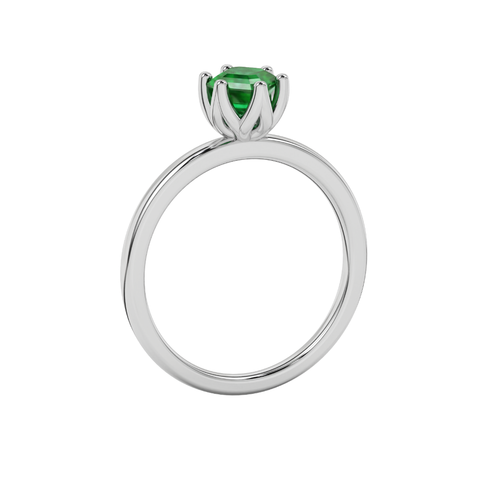 Asscher cut solitaire ring featuring a vibrant green gemstone secured in a six-prong crown setting crafted in gold