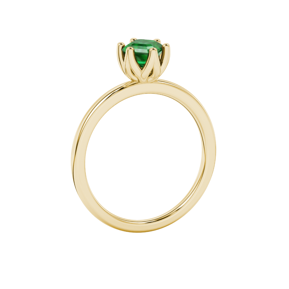 Asscher cut solitaire ring featuring a vibrant green gemstone secured in a six-prong crown setting crafted in gold