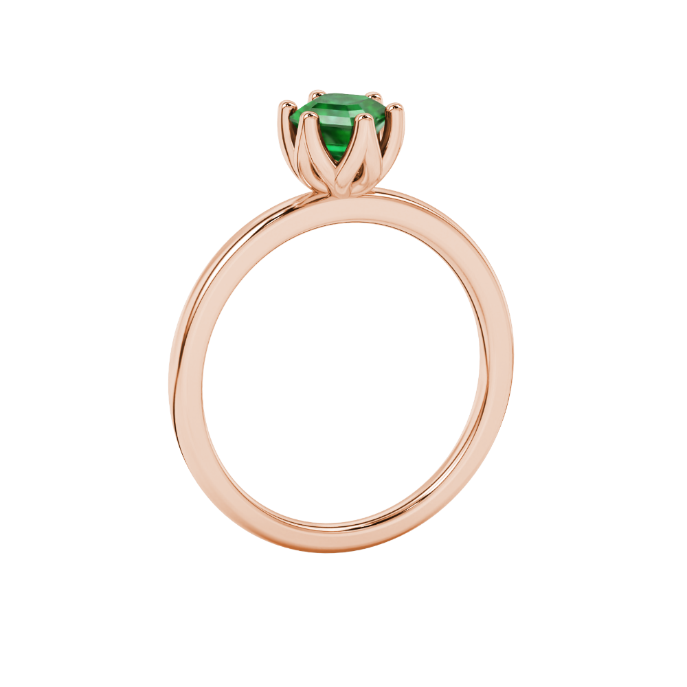 Asscher cut solitaire ring featuring a vibrant green gemstone secured in a six-prong crown setting crafted in gold