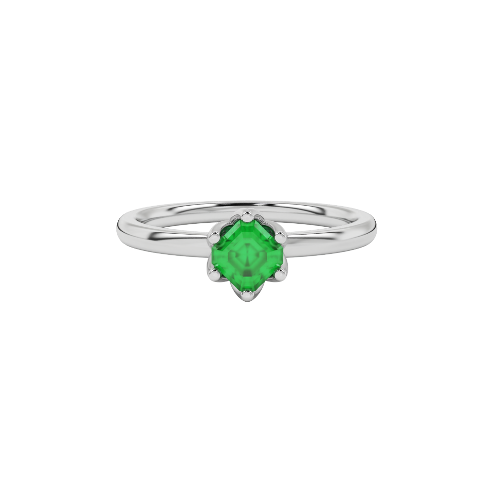 Asscher cut solitaire ring featuring a vibrant green gemstone secured in a six-prong crown setting crafted in gold