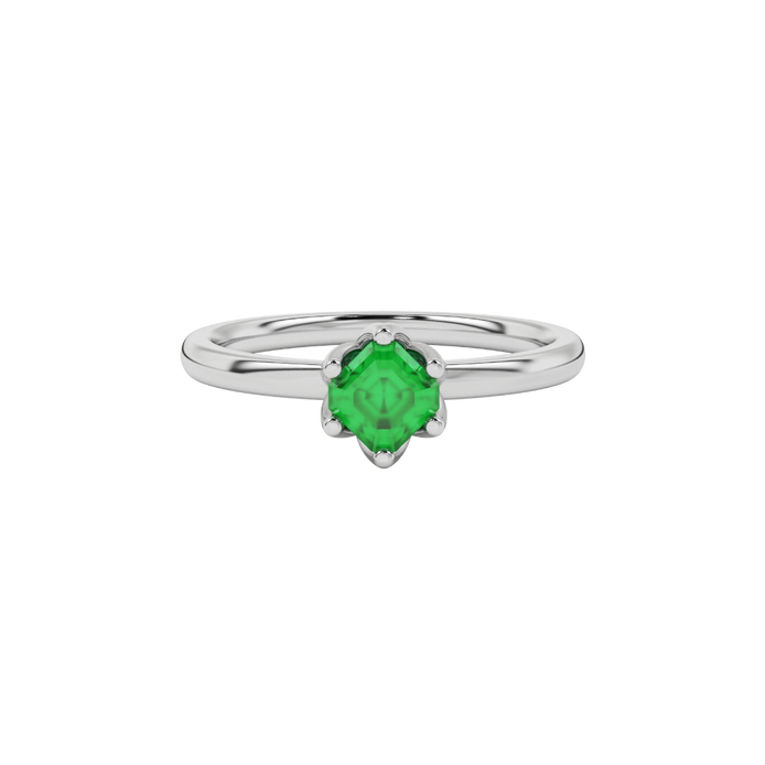 Asscher cut solitaire ring featuring a vibrant green gemstone secured in a six-prong crown setting crafted in gold