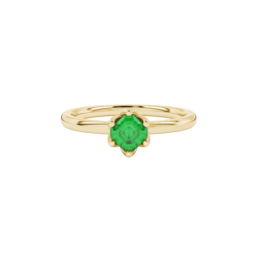 Asscher cut solitaire ring featuring a vibrant green gemstone secured in a six-prong crown setting crafted in gold