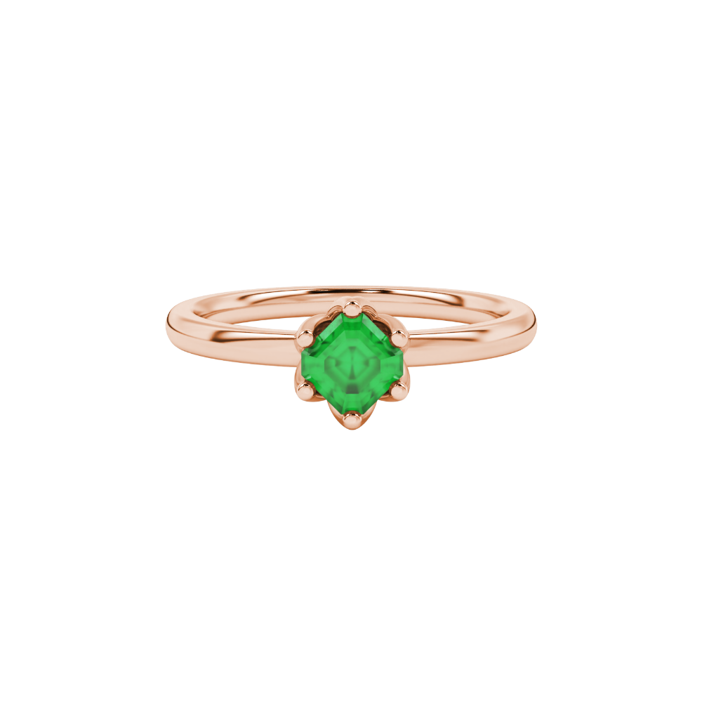 Asscher cut solitaire ring featuring a vibrant green gemstone secured in a six-prong crown setting crafted in gold
